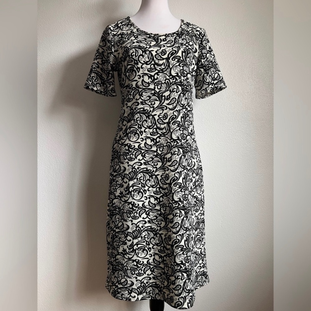 Honey & Lace Paisley Print Short Sleeve Stretch Ivory & Black Shift Dress Size M